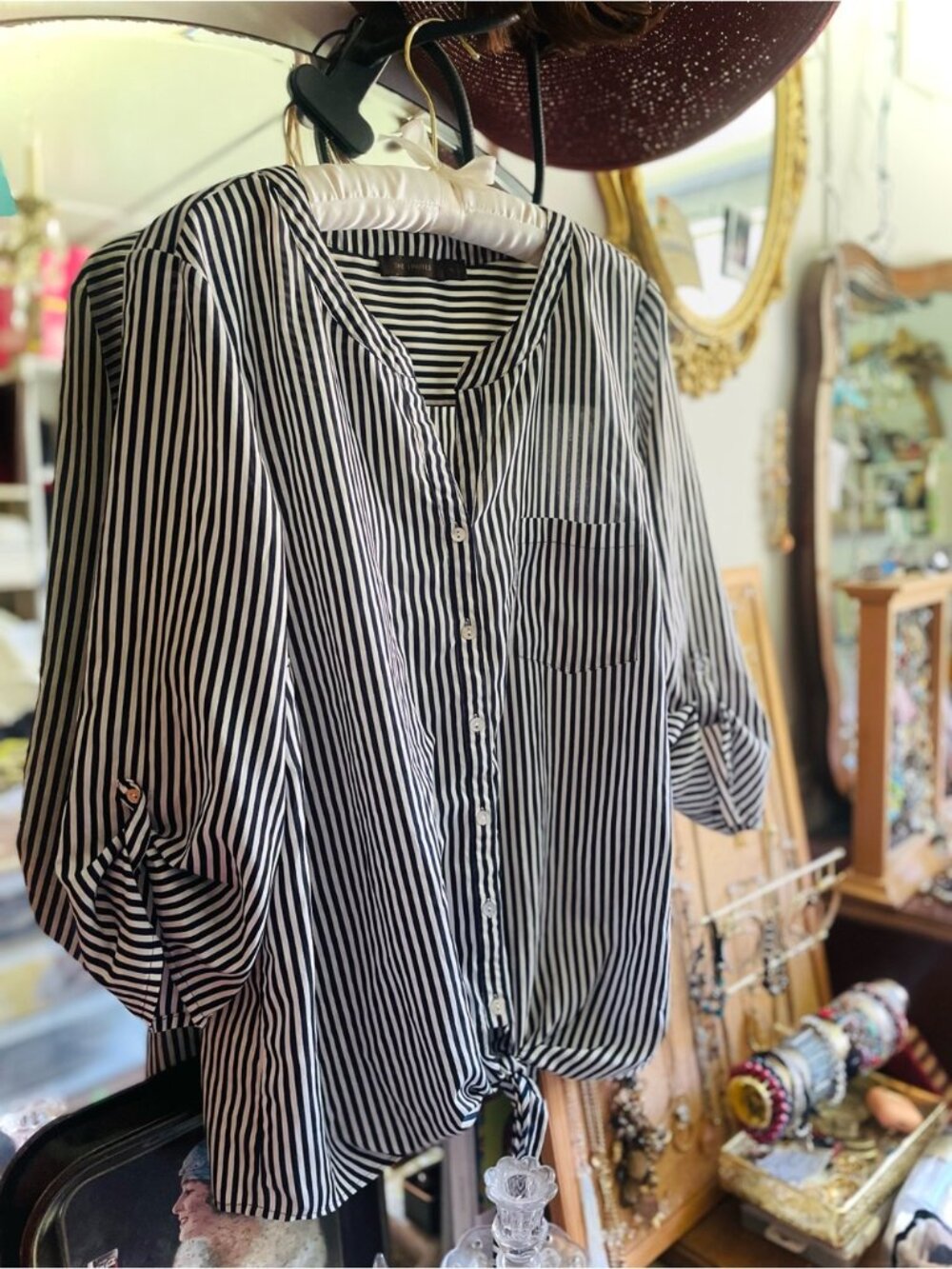 THE LIMITED | XL | Navy Beige Cream Striped Button-Front Tie Hem Silky Blouse